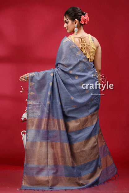 Shadow Blue Bhagalpuri Silk Saree with Golden Zari Weaving - Soft Ghicha Saree - Craftyle