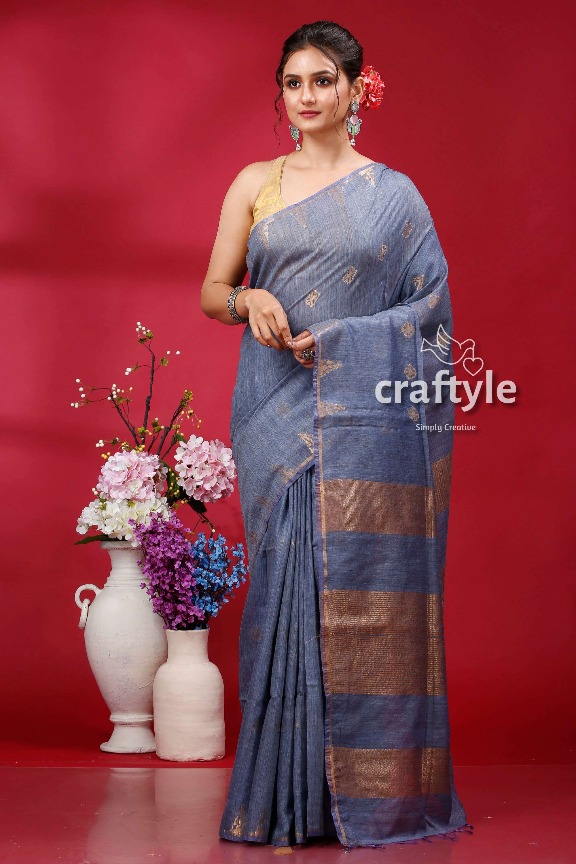 Shadow Blue Bhagalpuri Silk Saree with Golden Zari Weaving - Soft Ghicha Saree - Craftyle