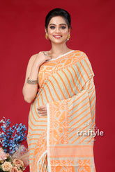 Shadow Green and Orange Elegant Jamdani Saree for Women - Craftyle