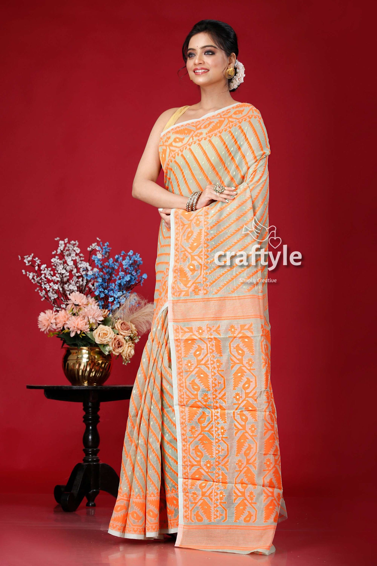 Shadow Green and Orange Elegant Jamdani Saree for Women - Craftyle