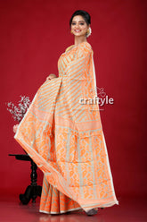 Shadow Green and Orange Elegant Jamdani Saree for Women - Craftyle