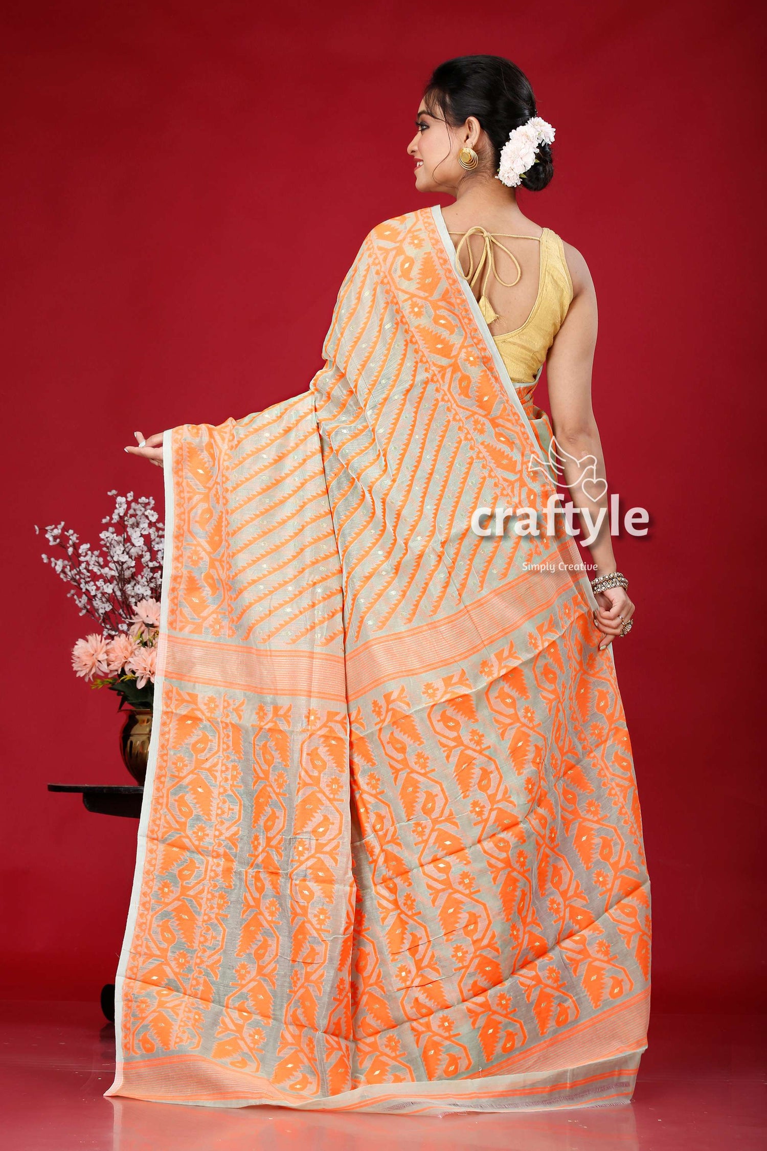 Shadow Green and Orange Elegant Jamdani Saree for Women - Craftyle