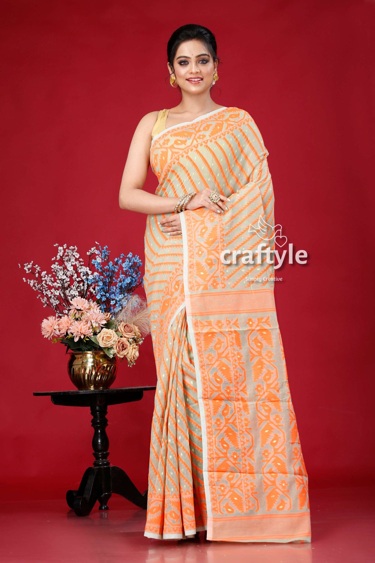 Shadow Green and Orange Elegant Jamdani Saree for Women - Craftyle