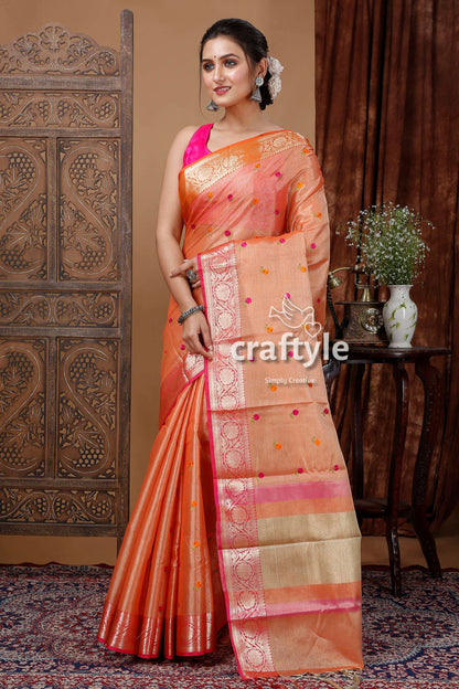 Signal Orange Tissue Silk Organza Saree - Craftyle