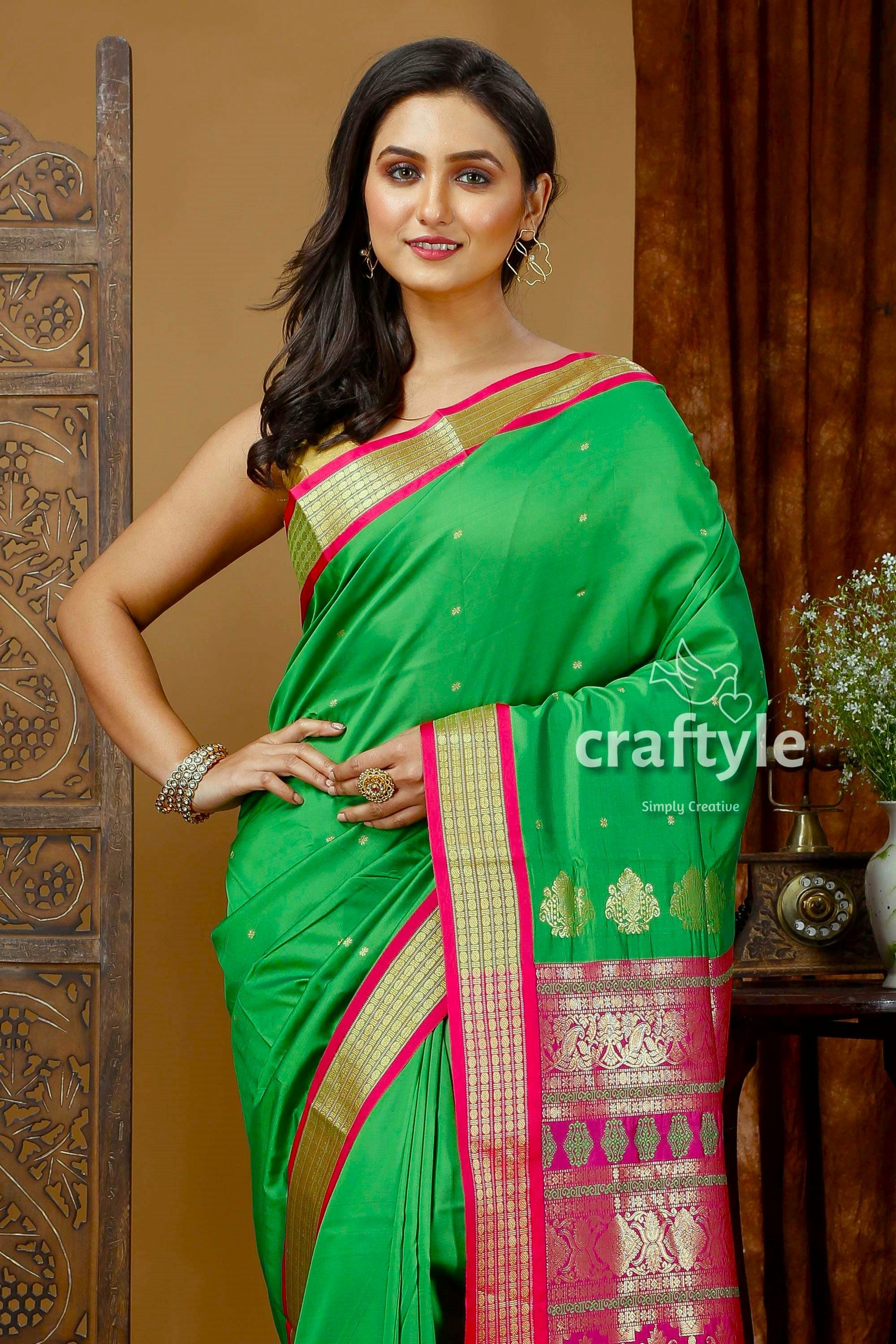 Silk Bomkai Saree in Parrot Green with Zari Border - Perfect Party Wear - Craftyle