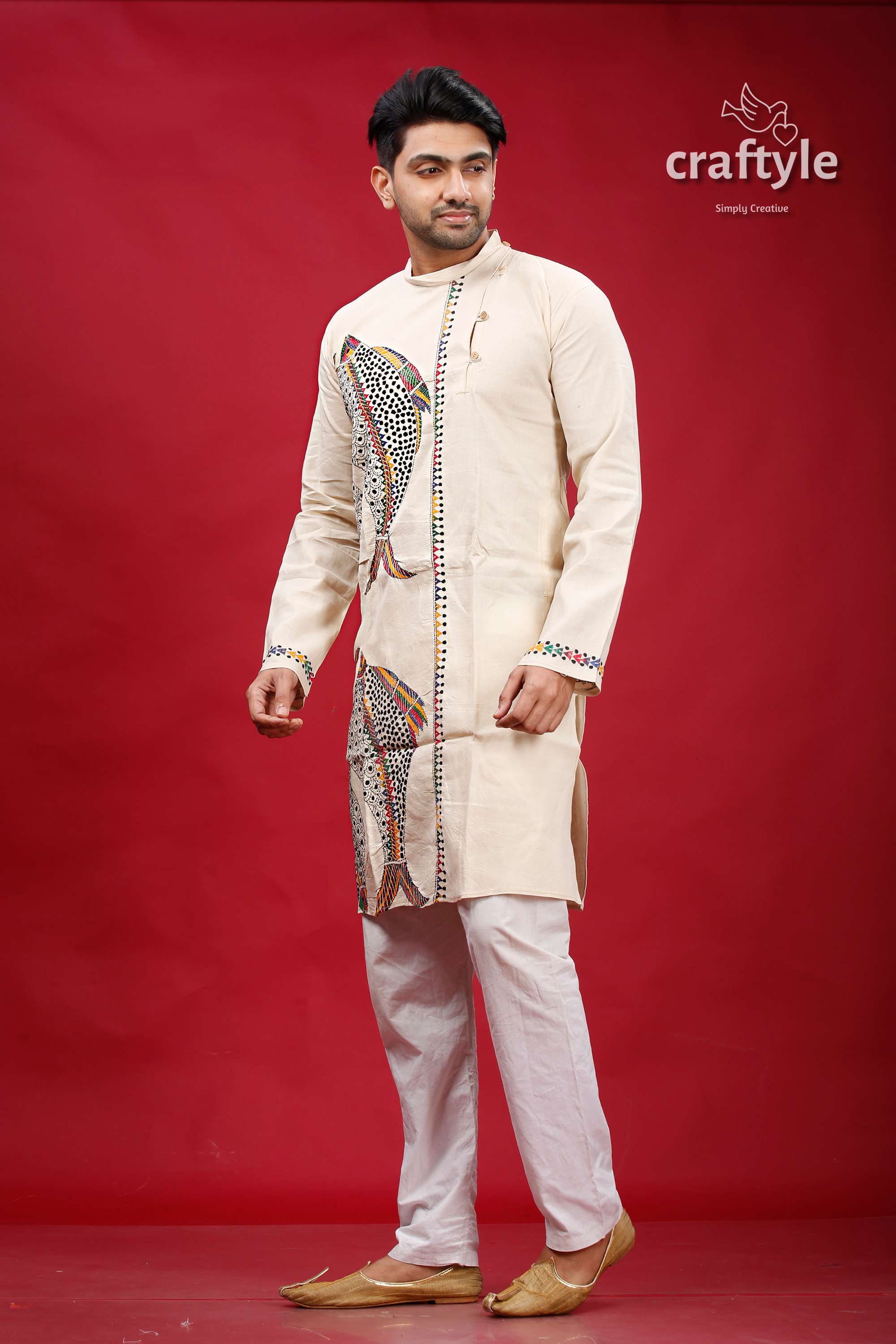 Sisal Fish Motif Kantha Work Cotton Kurta for Men - Craftyle