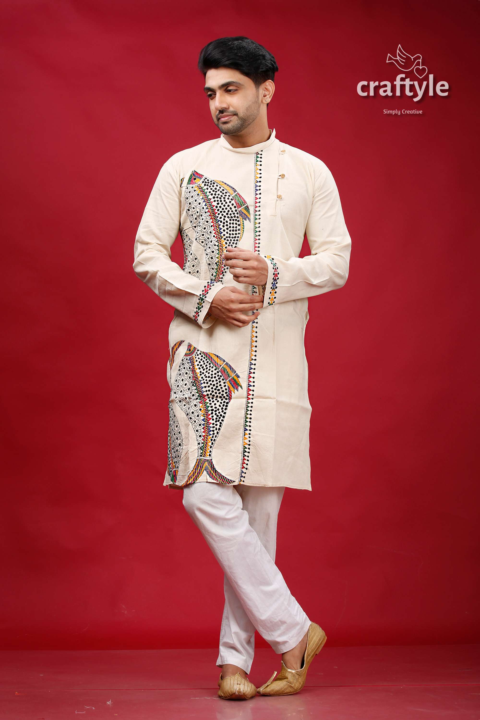 Sisal Fish Motif Kantha Work Cotton Kurta for Men - Craftyle