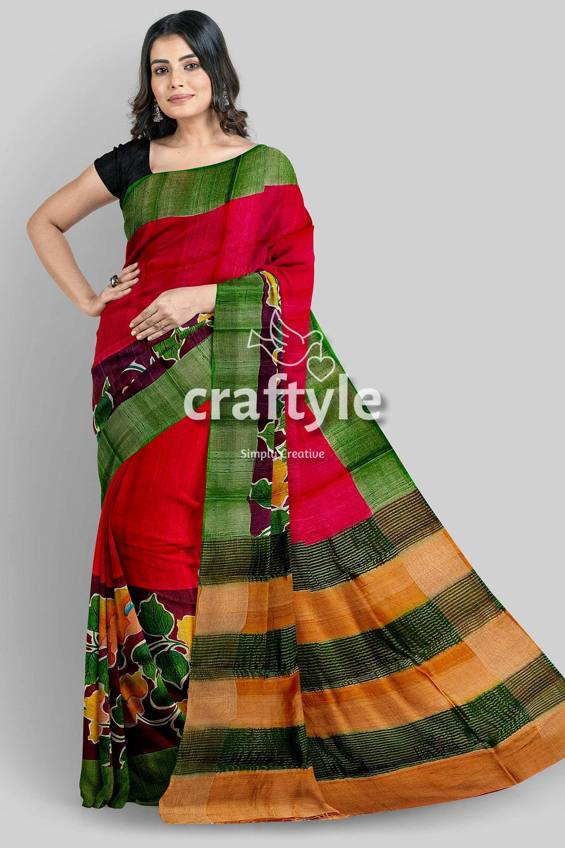 Sizzling Red Zari Tussar Saree - Hand Painted Pure and Luxurious - Craftyle