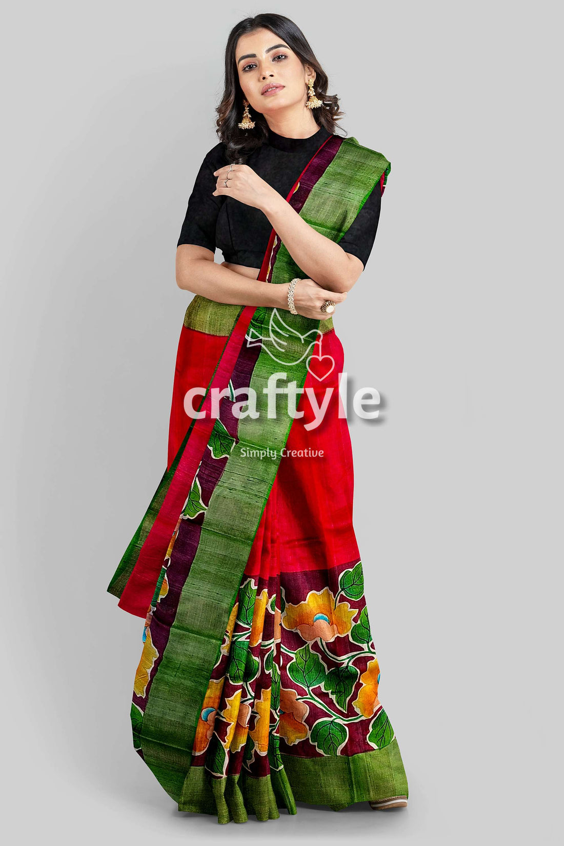 Sizzling Red Zari Tussar Saree - Hand Painted Pure and Luxurious - Craftyle