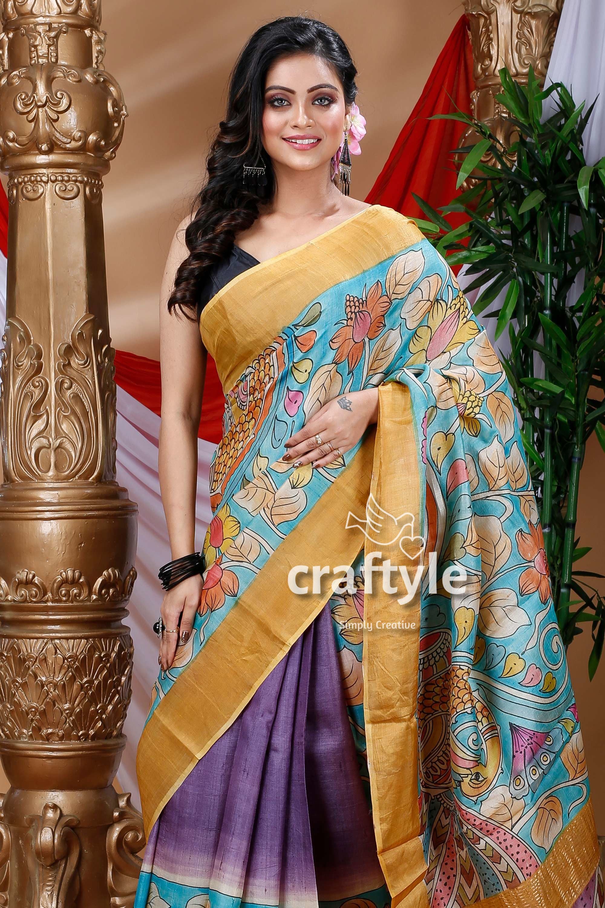 Sky Blue &amp; Violet Handmade Zari Pure Tussar Kalamkari Design Saree - Craftyle