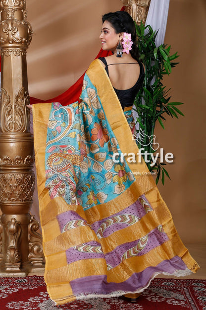 Sky Blue &amp; Violet Handmade Zari Pure Tussar Kalamkari Design Saree - Craftyle