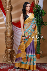 Sky Blue & Violet Handmade Zari Pure Tussar Kalamkari Design Saree - Craftyle