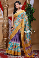 Sky Blue & Violet Handmade Zari Pure Tussar Kalamkari Design Saree - Craftyle