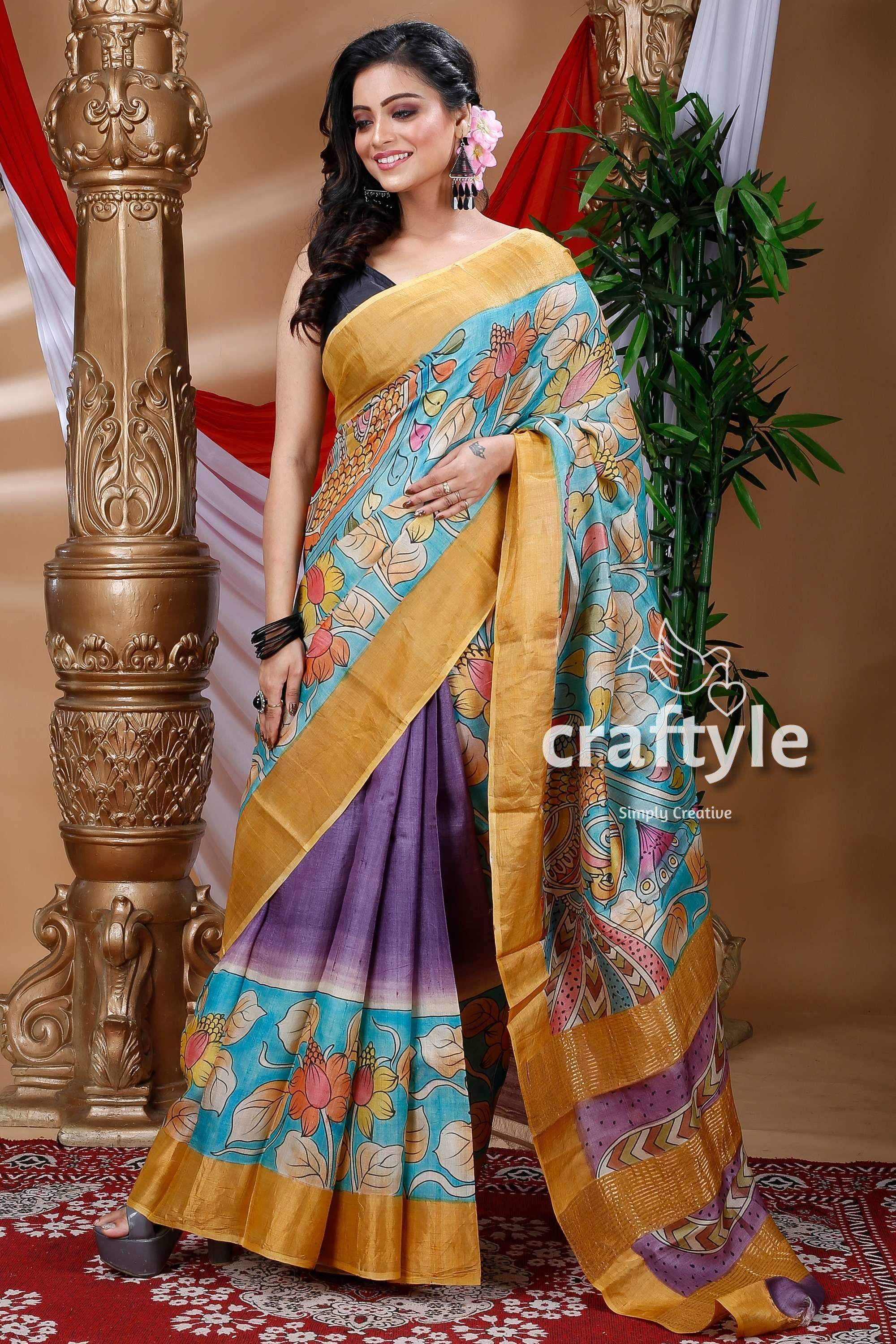 Sky Blue &amp; Violet Handmade Zari Pure Tussar Kalamkari Design Saree - Craftyle