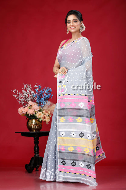 Slate Grey Floral Design Traditional Handloom Jamdani Sari - Craftyle