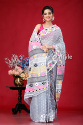 Slate Grey Floral Design Traditional Handloom Jamdani Sari - Craftyle