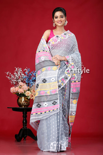 Slate Grey Floral Design Traditional Handloom Jamdani Sari - Craftyle