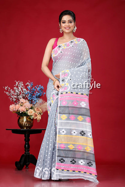 Slate Grey Floral Design Traditional Handloom Jamdani Sari - Craftyle