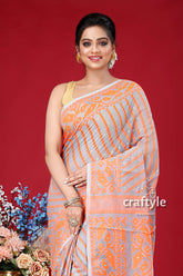 Smoke Grey-Orange Jamdani Weave Saree - Craftyle