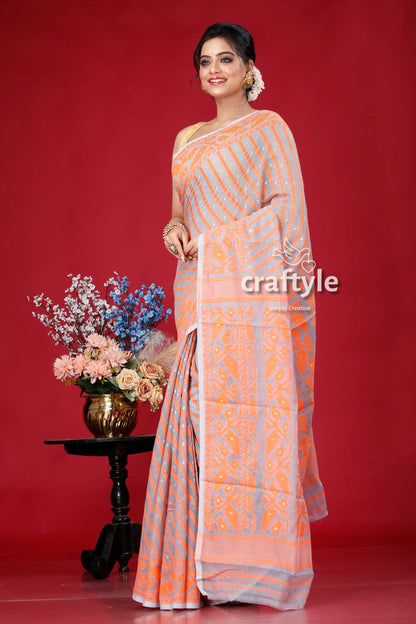 Smoke Grey-Orange Jamdani Weave Saree - Craftyle