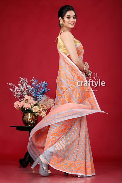 Smoke Grey-Orange Jamdani Weave Saree - Craftyle