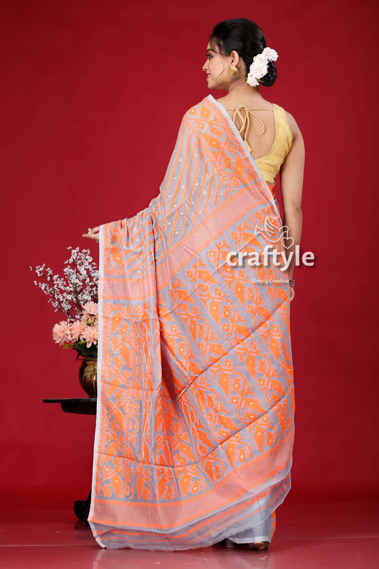 Smoke Grey-Orange Jamdani Weave Saree - Craftyle