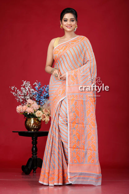 Smoke Grey-Orange Jamdani Weave Saree - Craftyle