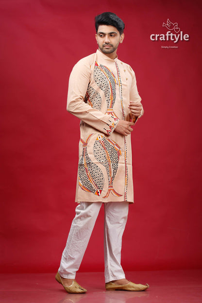 Soft Amber Fish Motif Kantha Work Men&