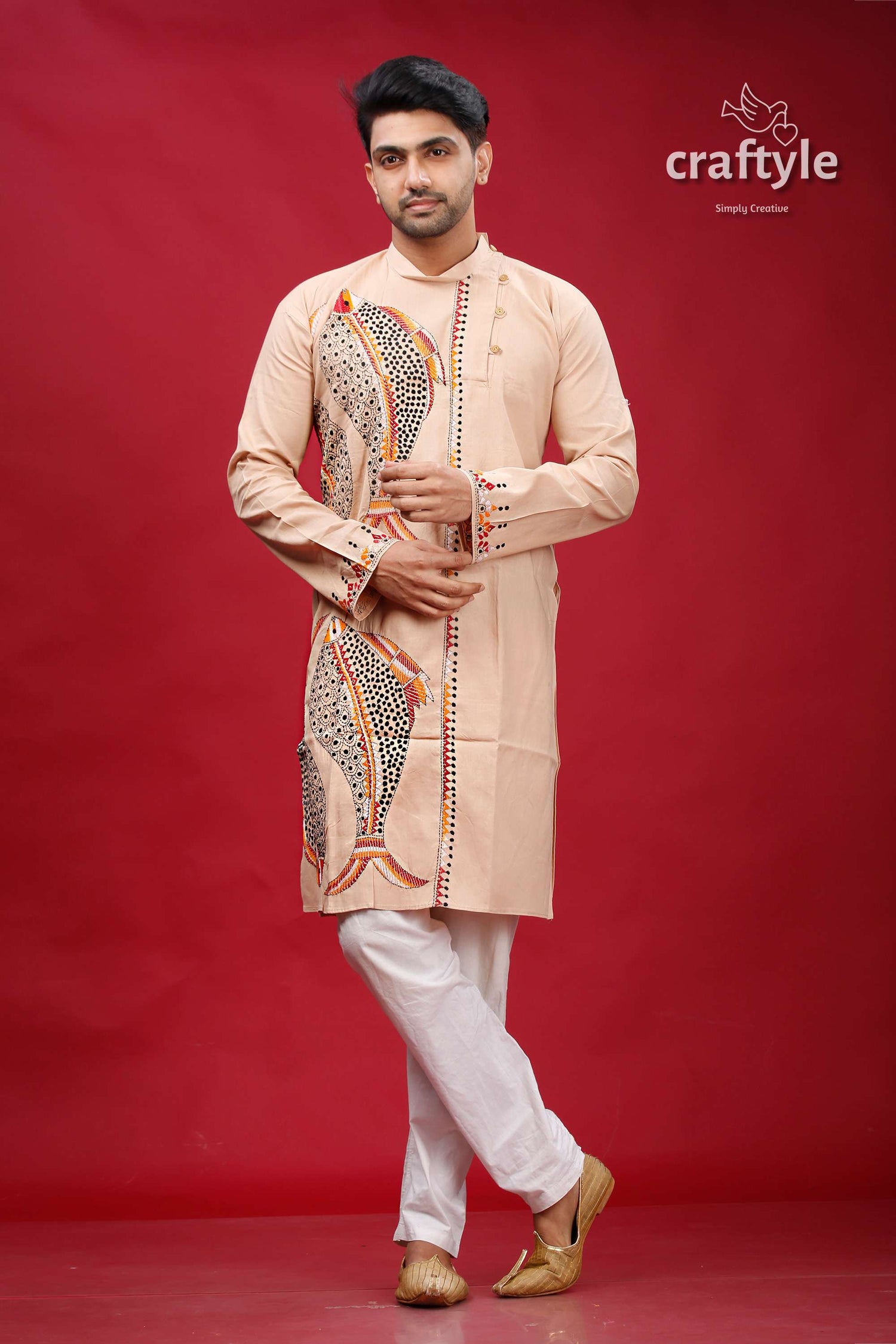 Soft Amber Fish Motif Kantha Work Men&