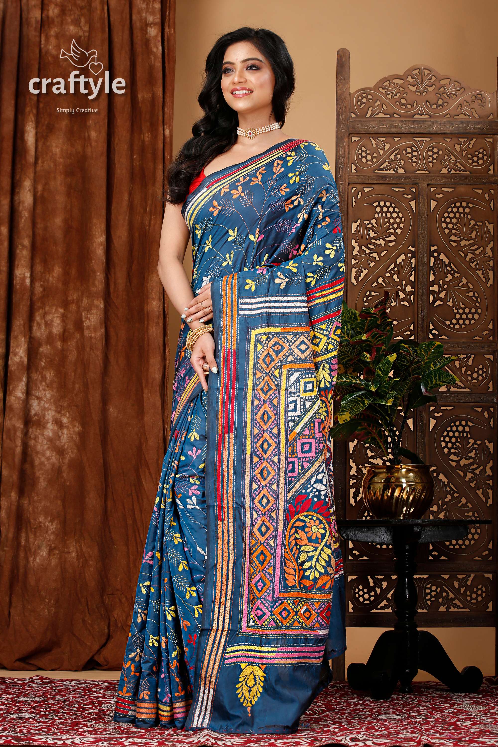 Spanish Blue Multithread Silk Kantha Work Saree - Craftyle