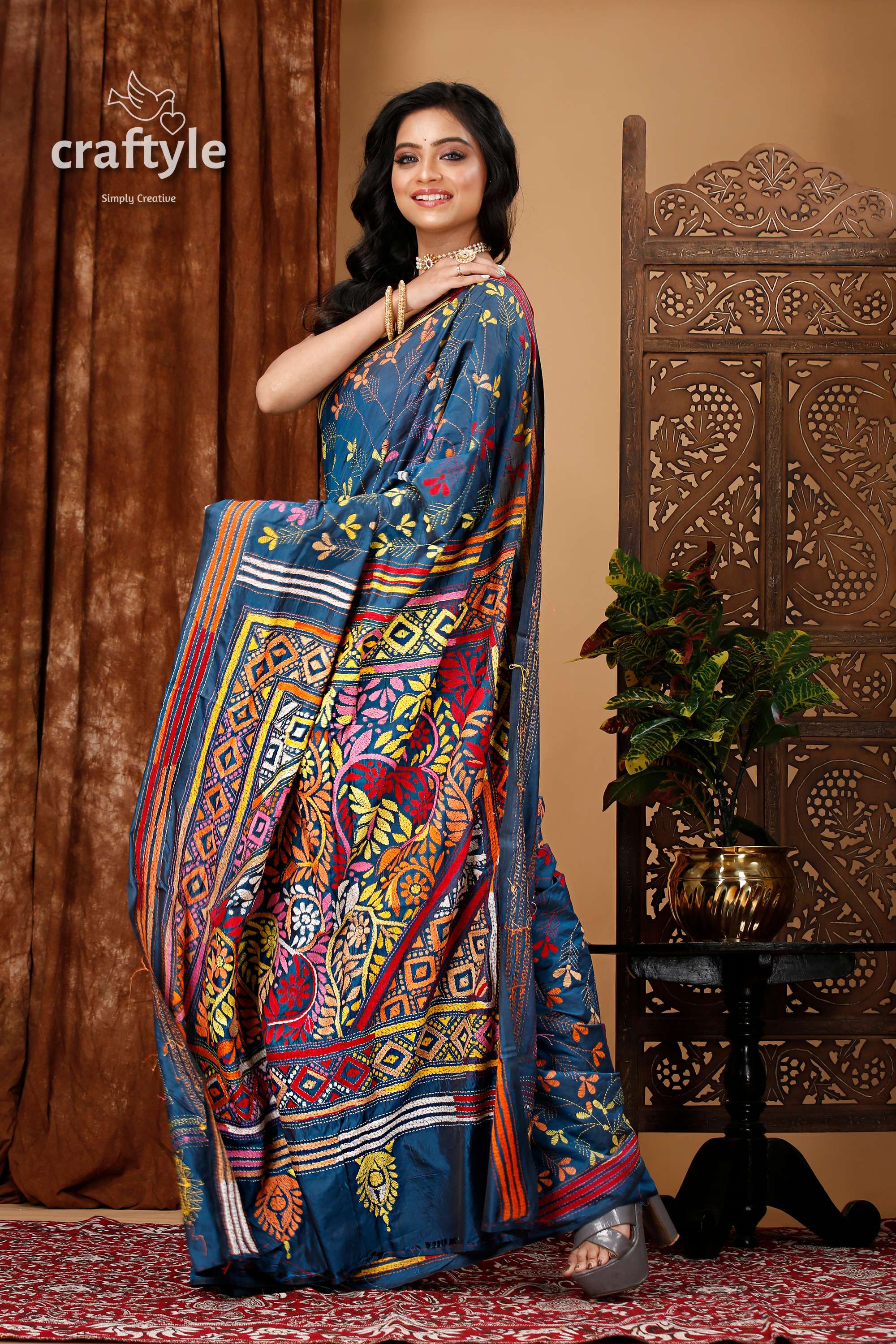 Spanish Blue Multithread Silk Kantha Work Saree - Craftyle