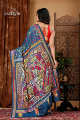 Spanish Blue Multithread Silk Kantha Work Saree - Craftyle