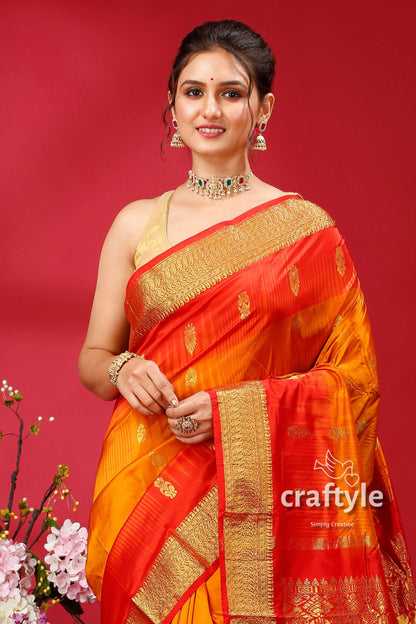 Spanish Orange and Red Silk Saree Kanjivaram Ethnic Silk Saree - Craftyle