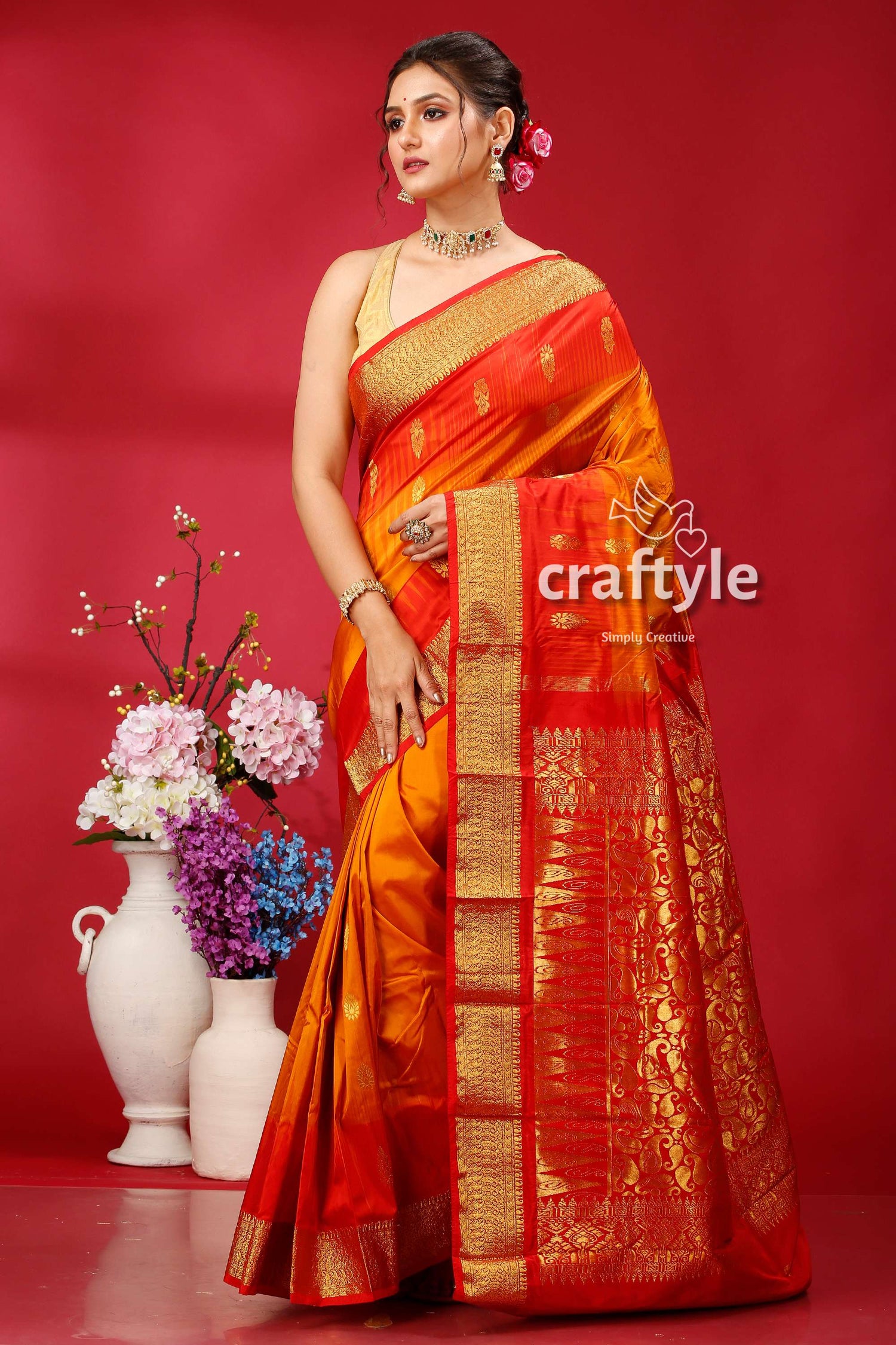 Spanish Orange and Red Silk Saree Kanjivaram Ethnic Silk Saree - Craftyle