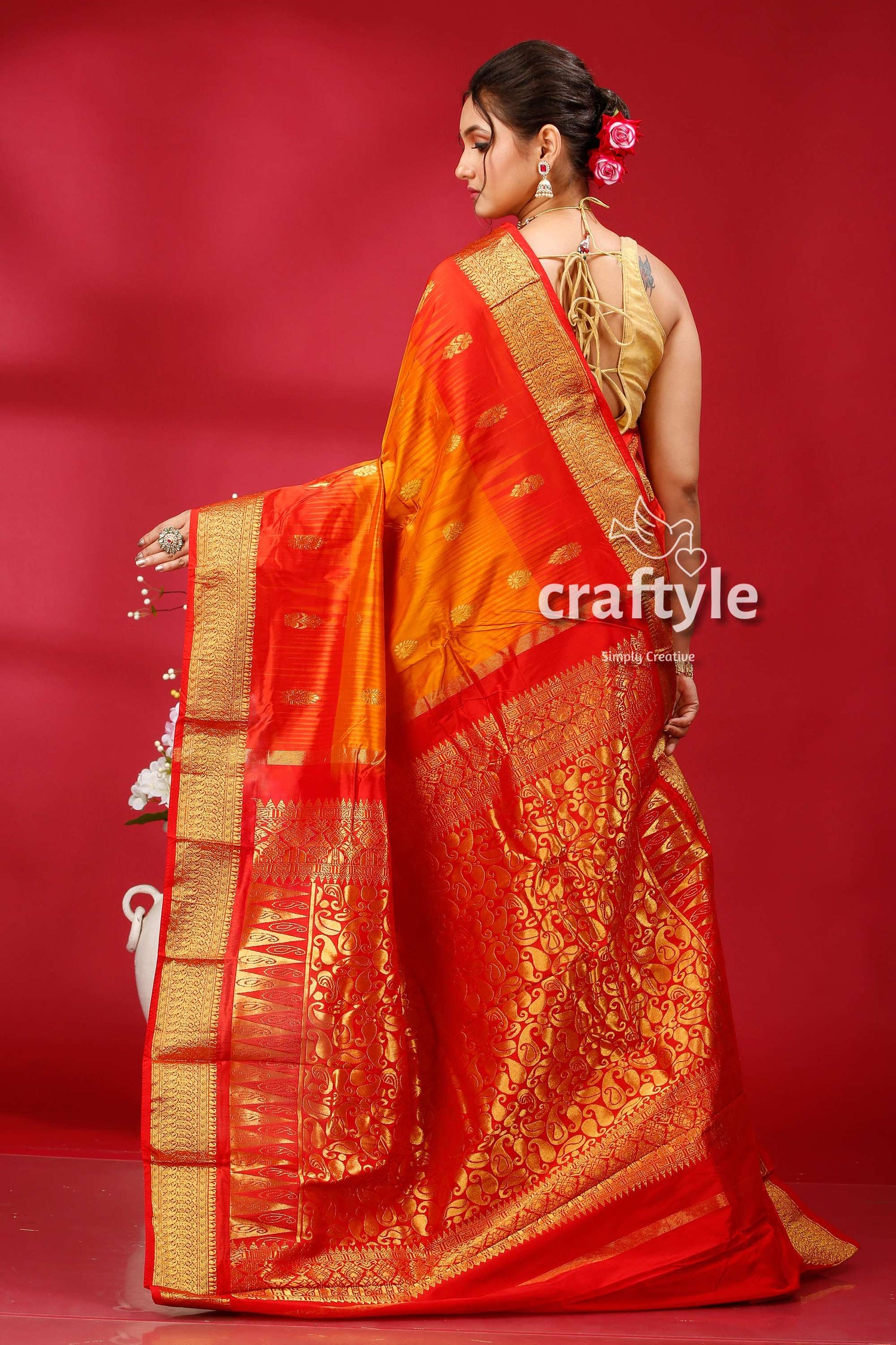 Spanish Orange and Red Silk Saree Kanjivaram Ethnic Silk Saree - Craftyle