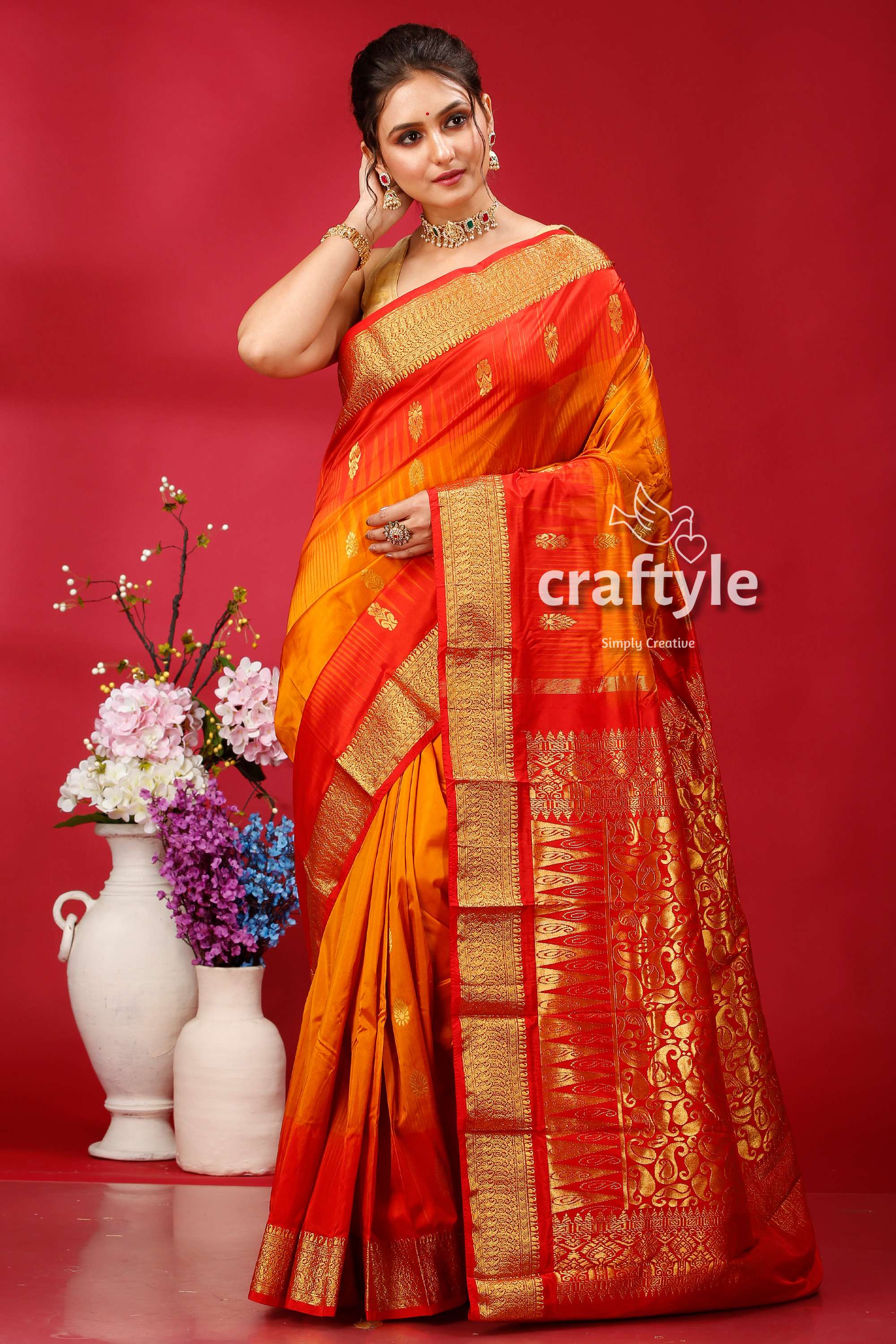 Spanish Orange and Red Silk Saree Kanjivaram Ethnic Silk Saree - Craftyle