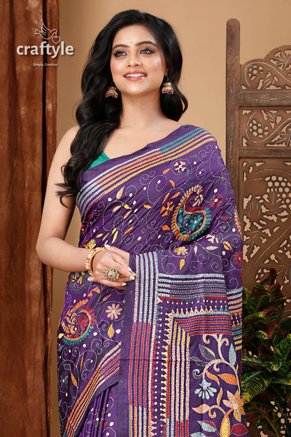 Spanish Violet Floral Hand Embroidered Silk Kantha Saree - Craftyle