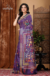 Spanish Violet Floral Hand Embroidered Silk Kantha Saree - Craftyle