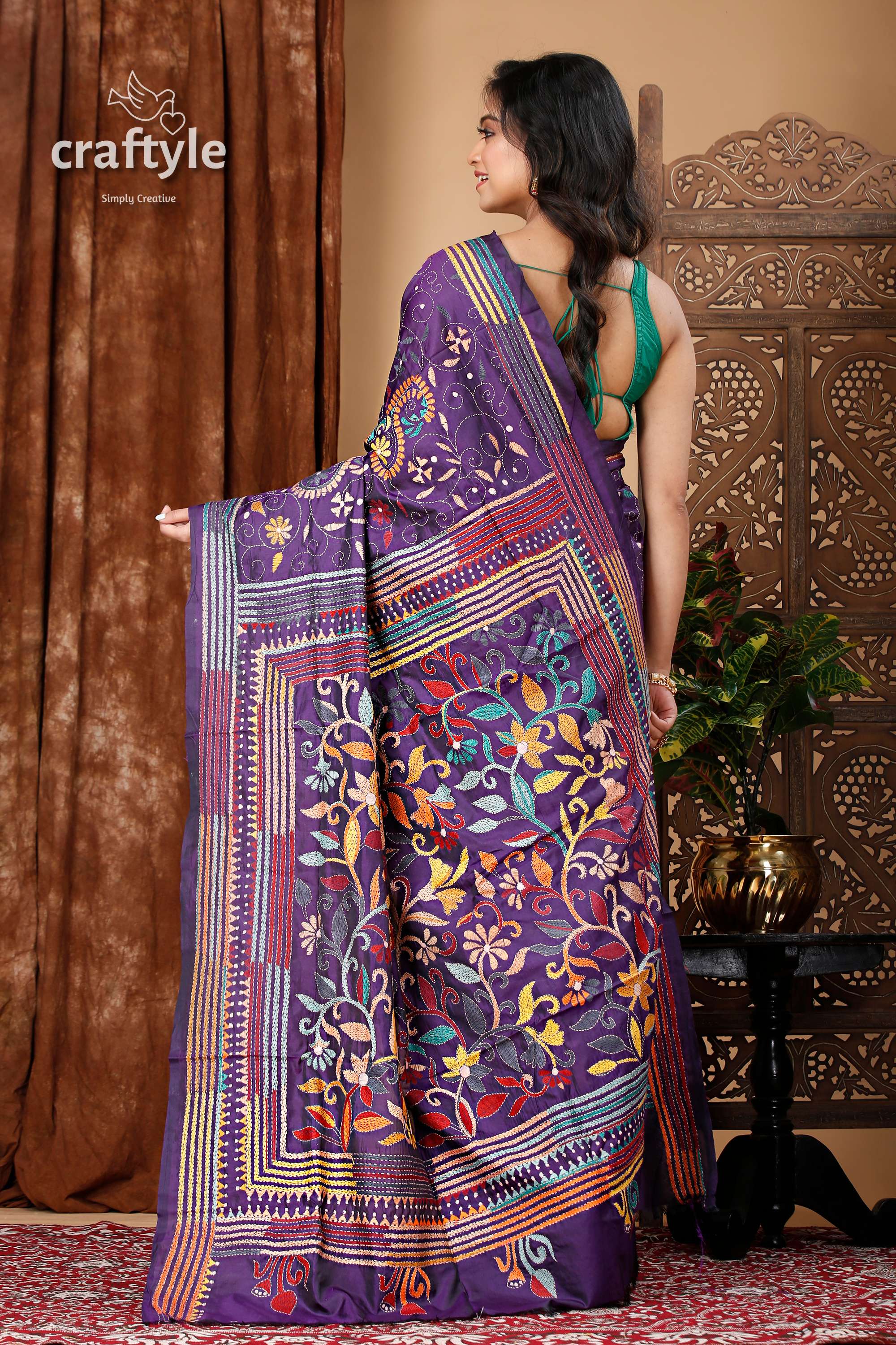 Spanish Violet Floral Hand Embroidered Silk Kantha Saree - Craftyle