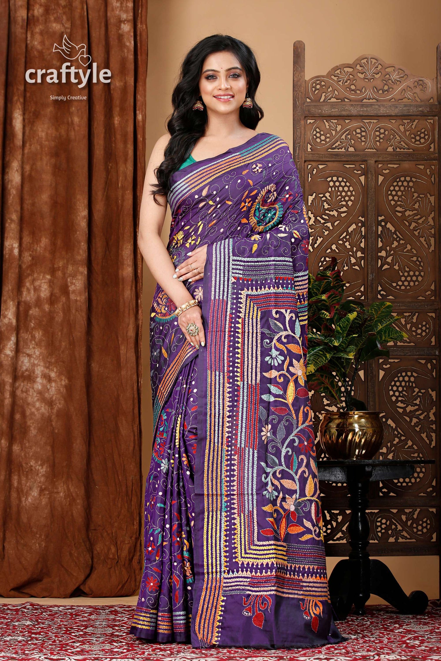 Spanish Violet Floral Hand Embroidered Silk Kantha Saree - Craftyle