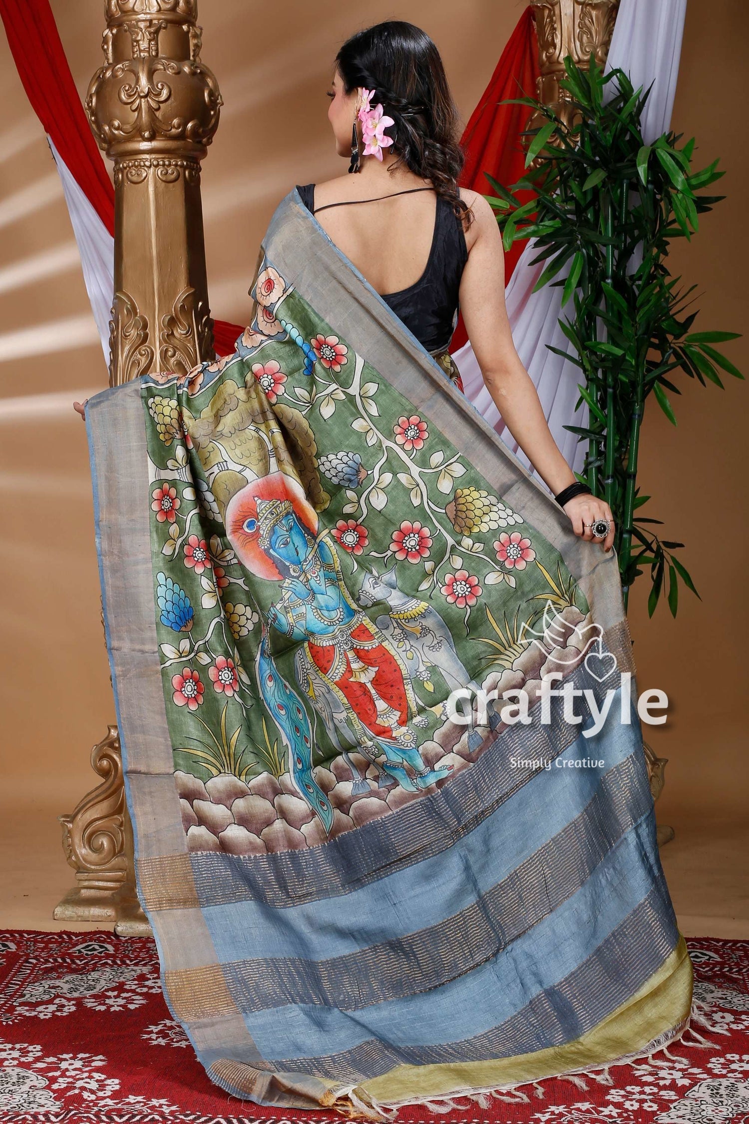 Sri Krishna Hand Painted Zari Pure Tussar Kalamkari Design Saree - Craftyle