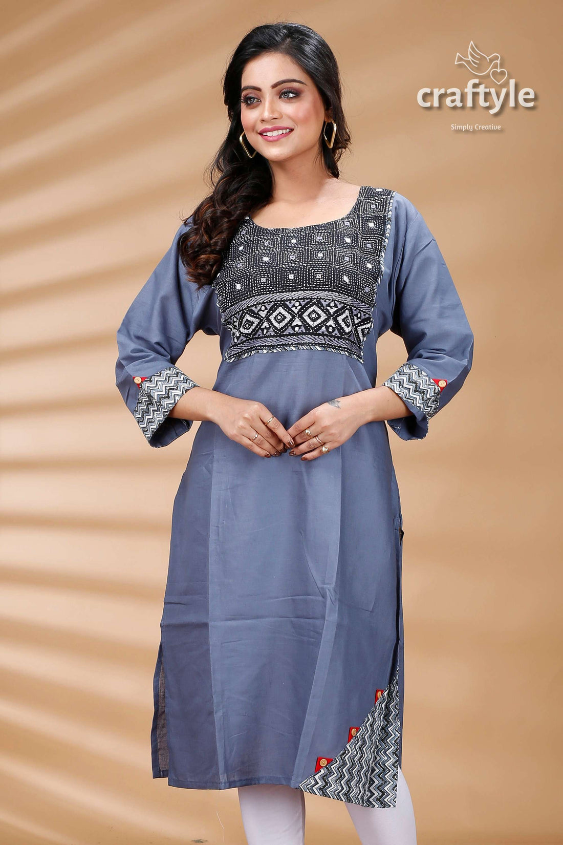 Steal Teal and Black Kantha Work Cotton Designer Kurti - Craftyle