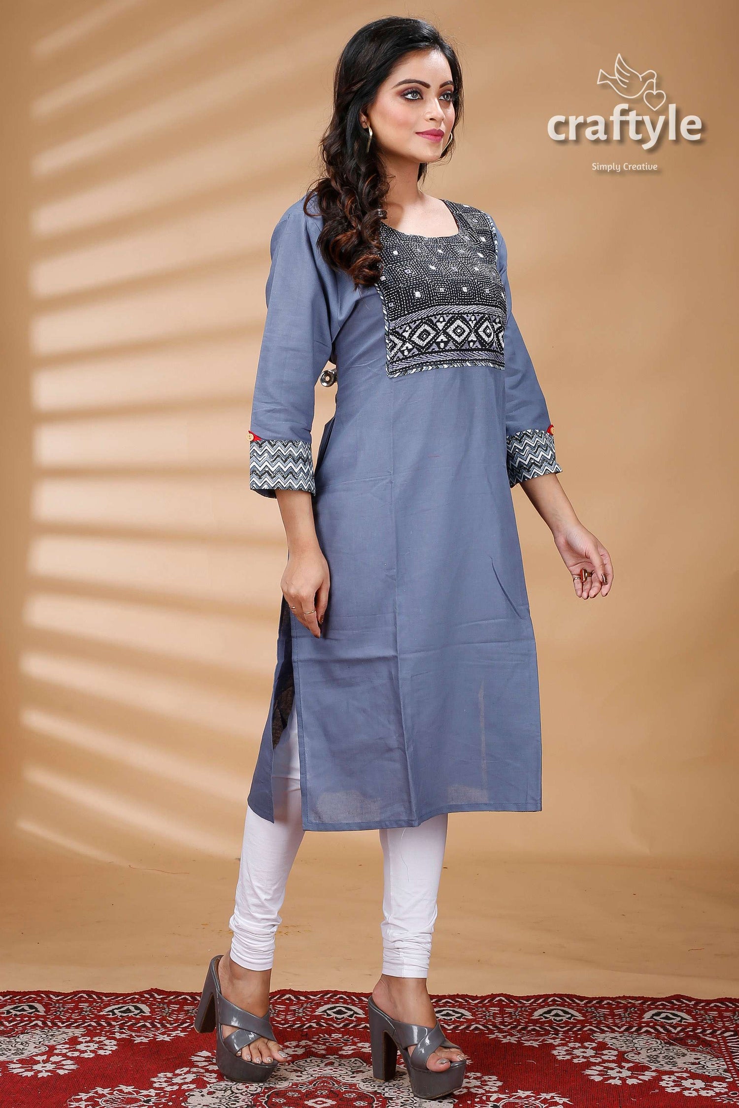 Steal Teal and Black Kantha Work Cotton Designer Kurti - Craftyle