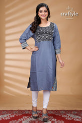 Steal Teal and Black Kantha Work Cotton Designer Kurti - Craftyle