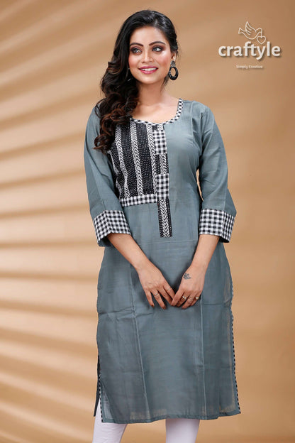 Steal Teal Kantha Cotton Kurti with Check Sleeves - Craftyle