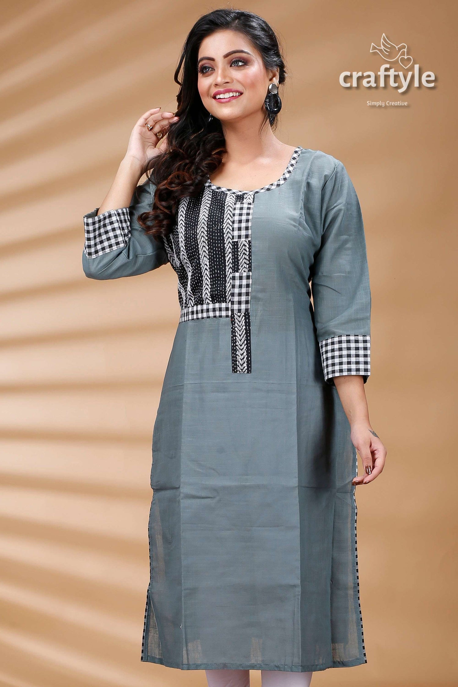 Steal Teal Kantha Cotton Kurti with Check Sleeves - Craftyle