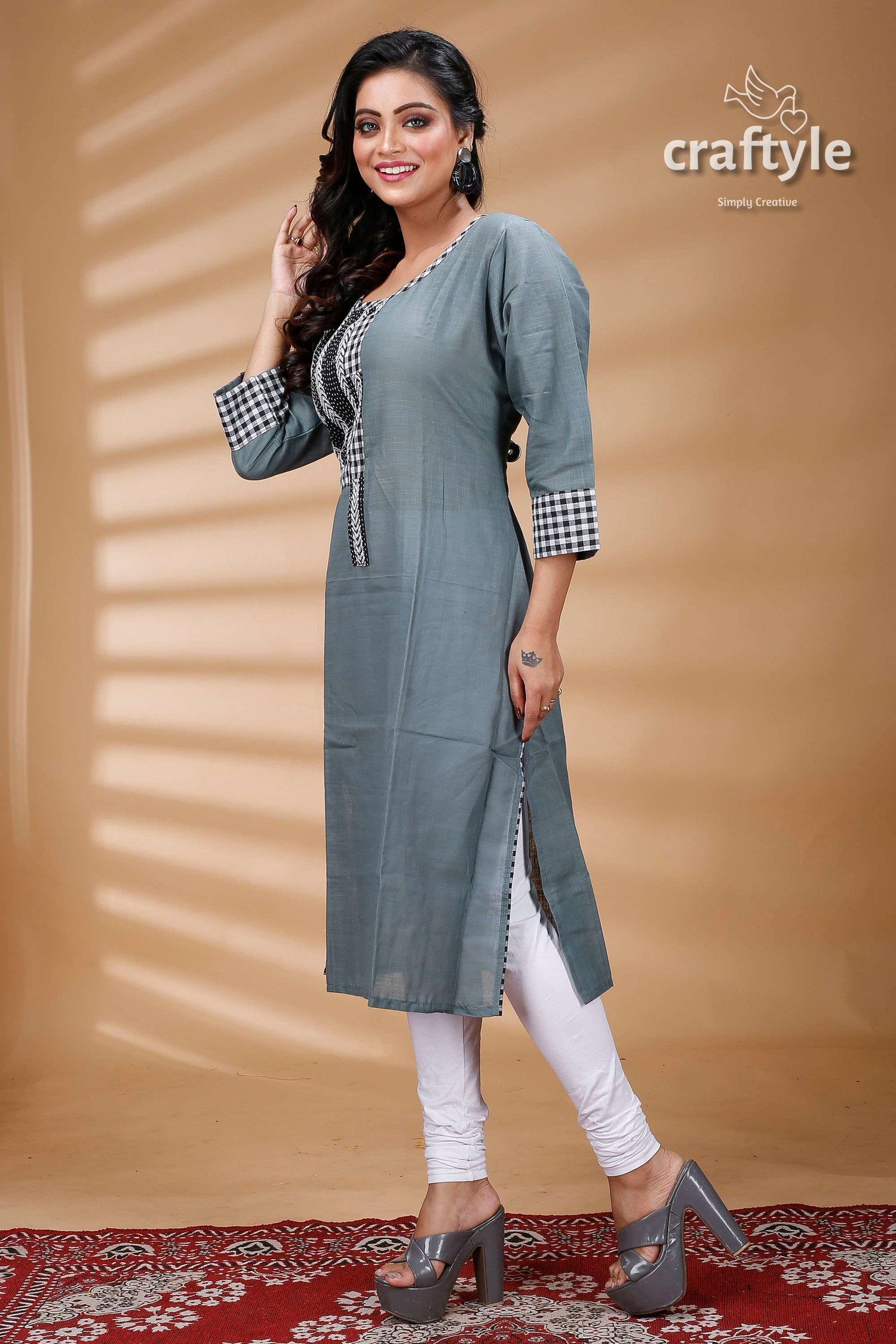 Steal Teal Kantha Cotton Kurti with Check Sleeves - Craftyle