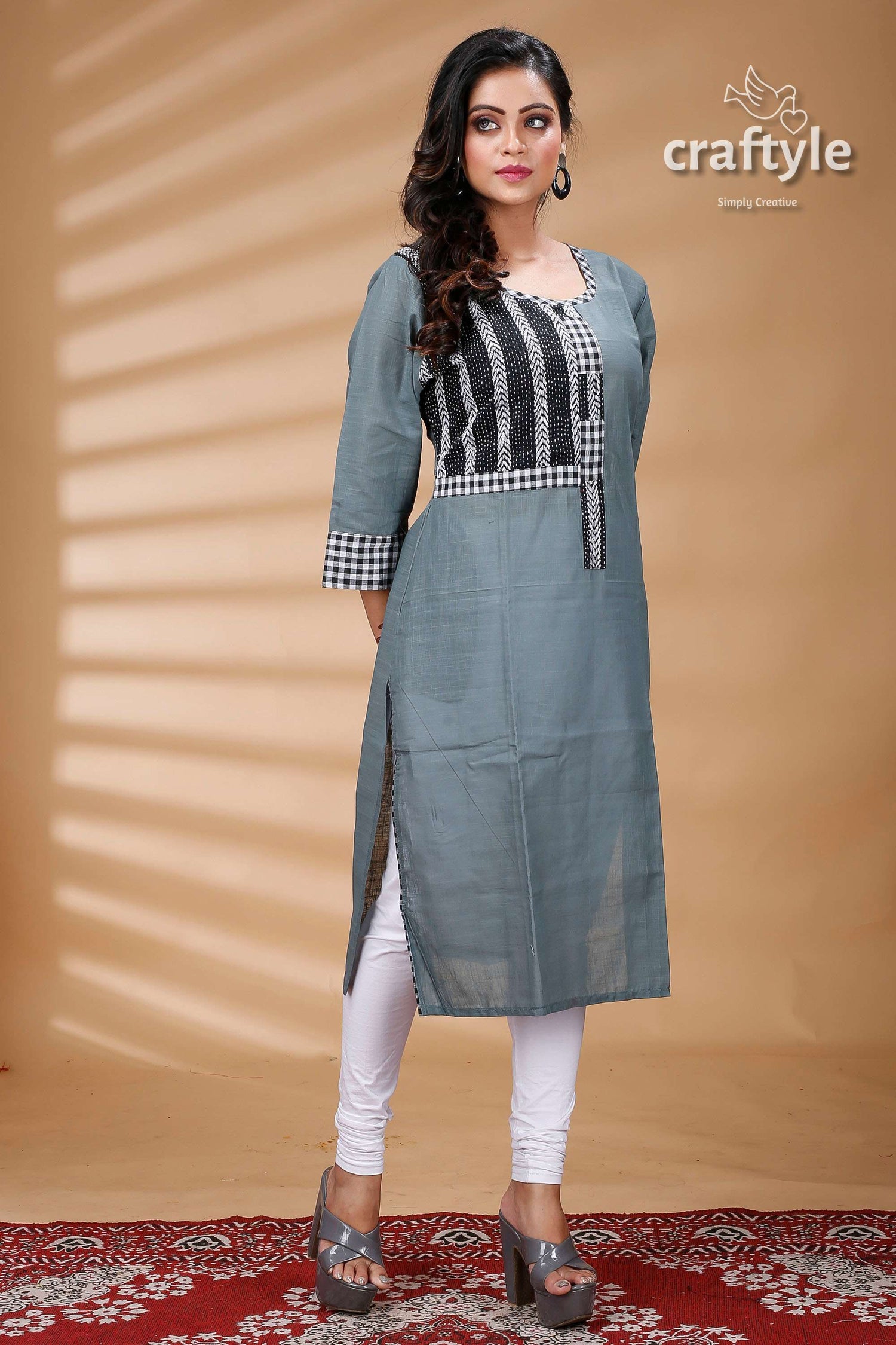 Steal Teal Kantha Cotton Kurti with Check Sleeves - Craftyle