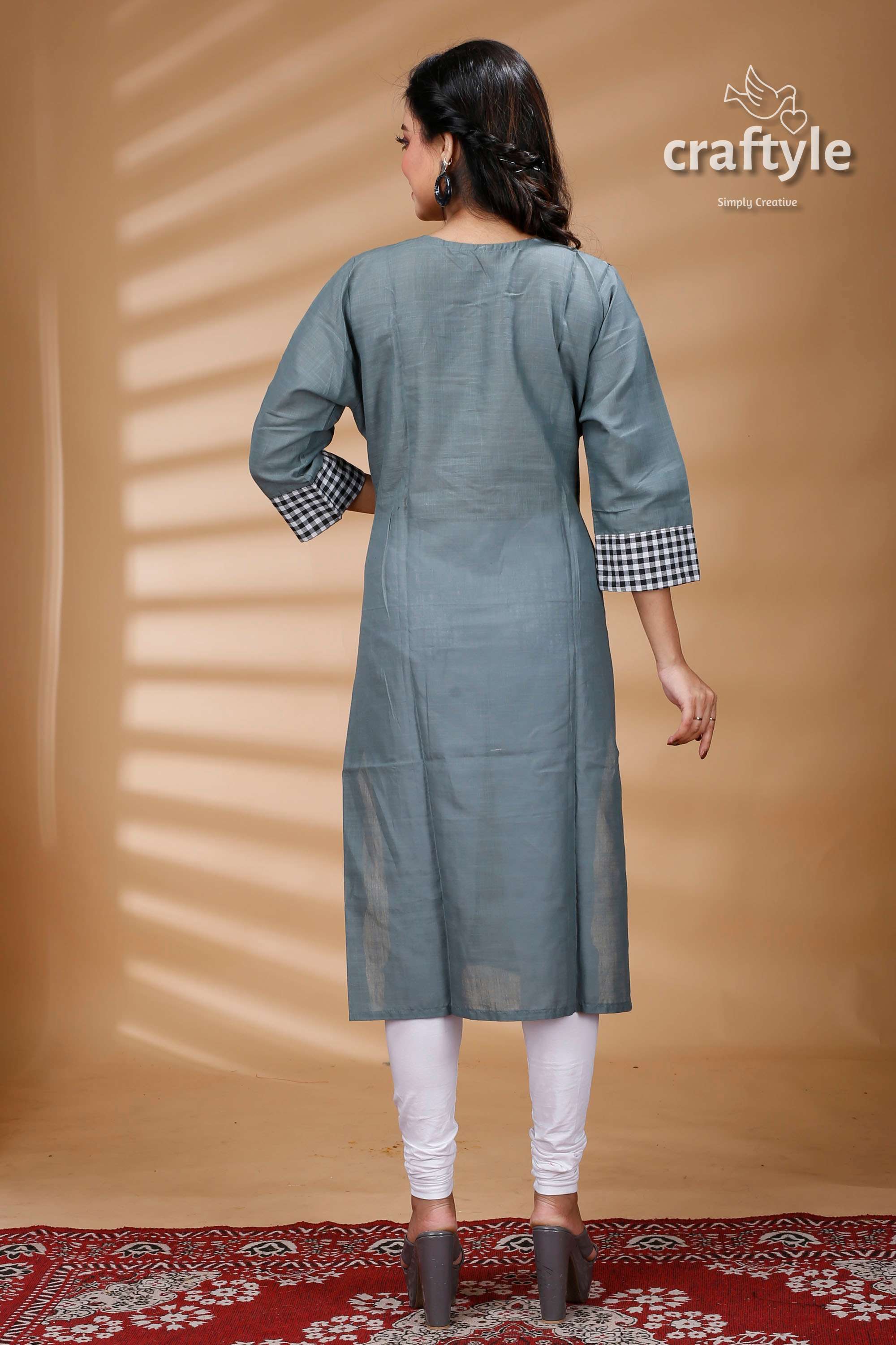 Steal Teal Kantha Cotton Kurti with Check Sleeves - Craftyle