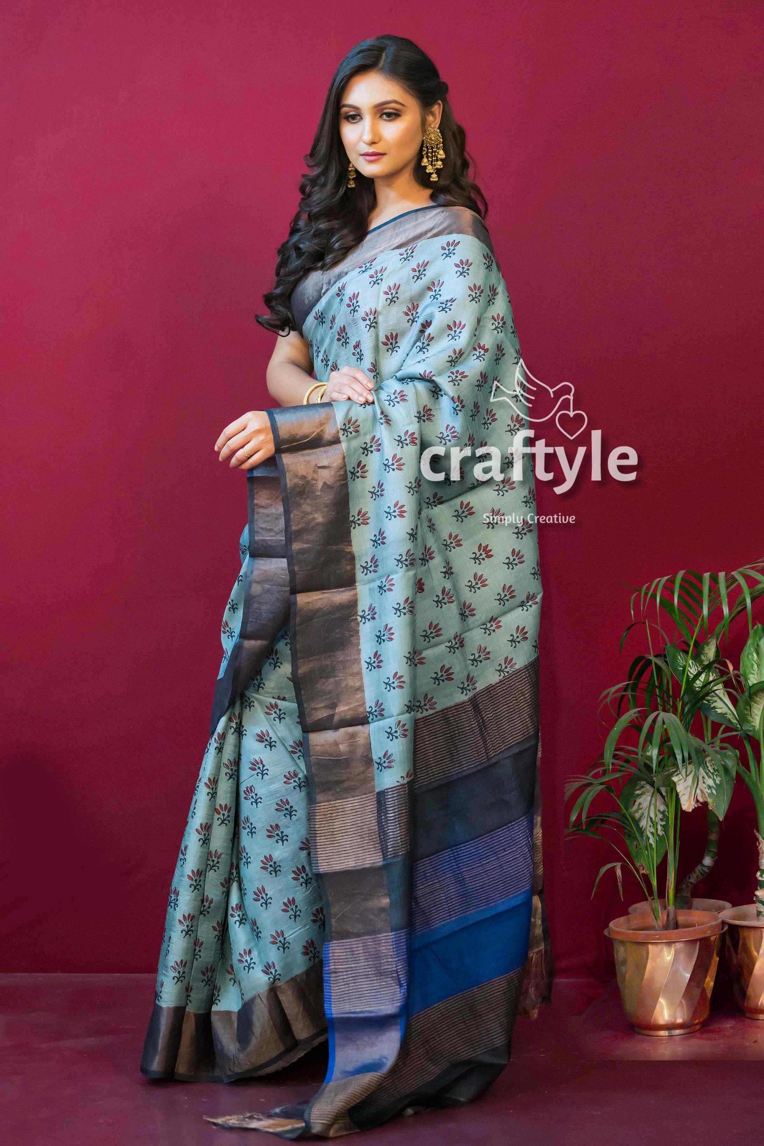 Stone Blue Hand Block Print Zari Pure Tussar Saree for Women - Craftyle